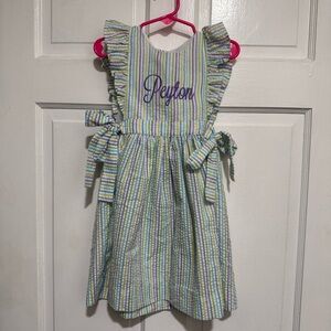 4T “Peyton” Monogrammed Stripe Ruffle Bow Spring Easter Summer Seersucker